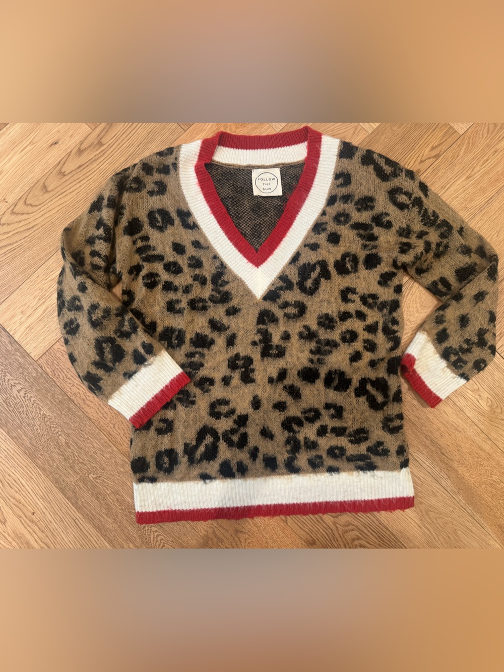 Follow the Sun Leopard V‑Neck Sweater - Brown/Black with Red & White Trim